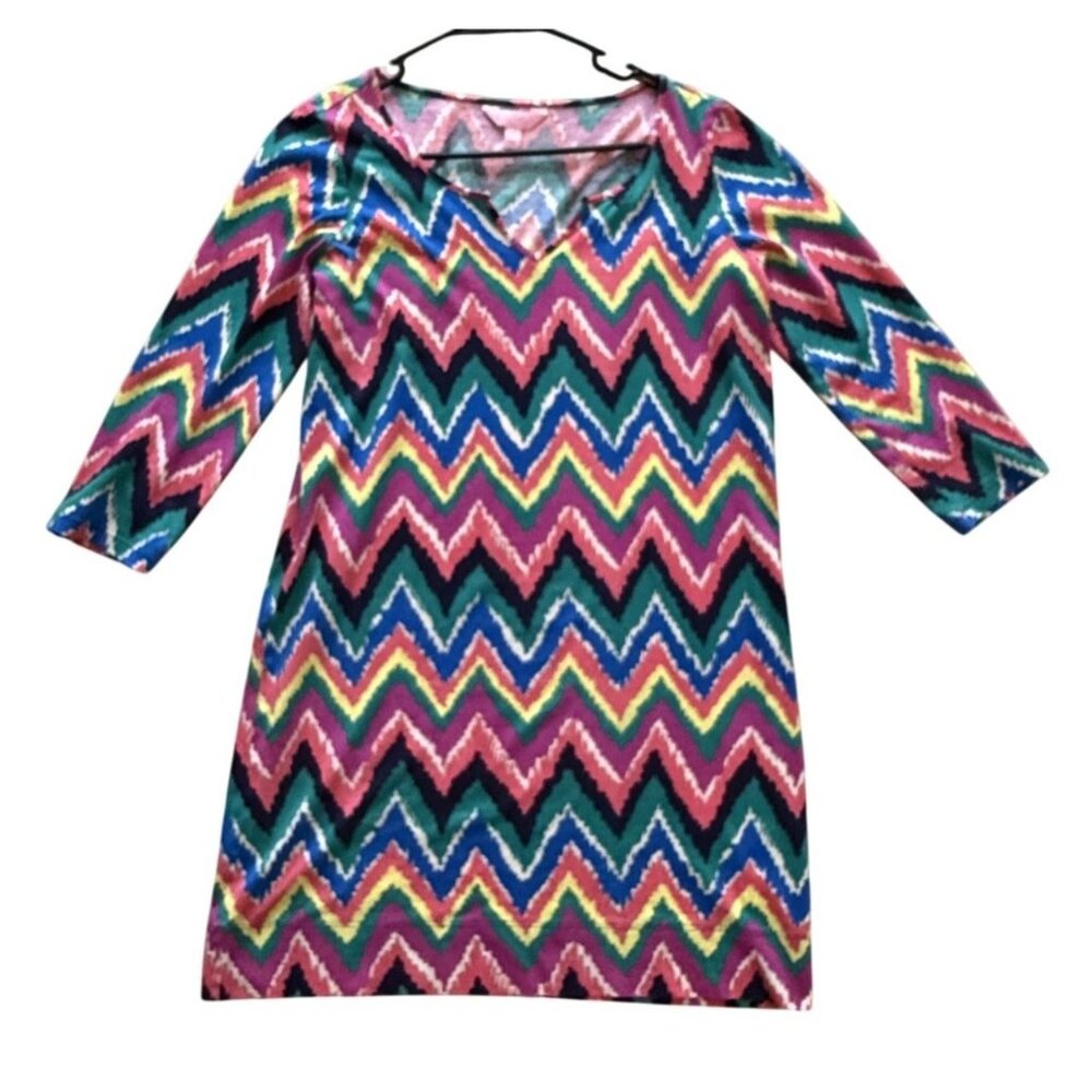 Lilly Pulitzer Chevron Gretchen Dress V-Neck 3/4 Sleeve Pima Cotton  Womens S